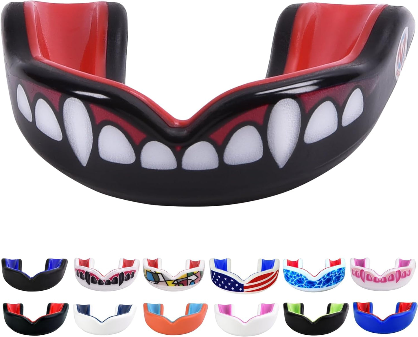 Youth Sports Mouth Guard for Kids (USA Flag, Fangs, 20+ Colors to Choose From) Mouthguard for Football, MMA, Karate, Boxing, Rugby, BJJ, Flag Football – /W Case (Youth, Strapless)