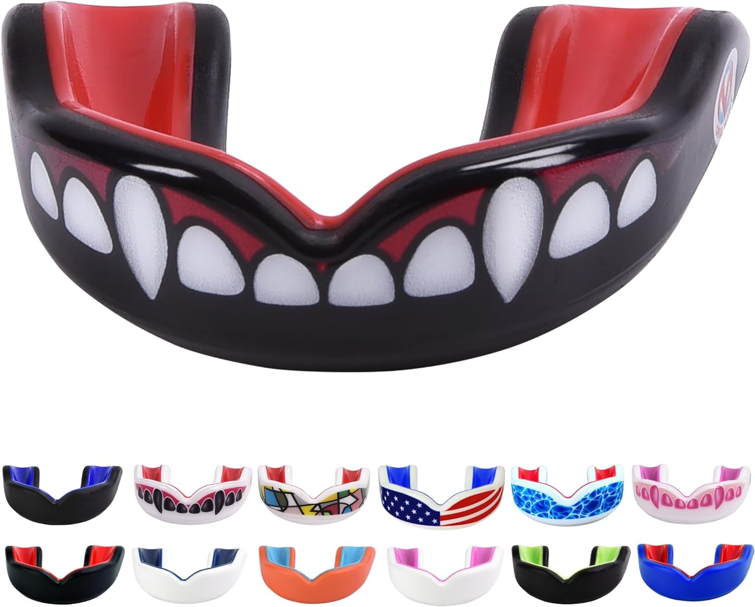 Youth Sports Mouth Guard for Kids (USA Flag, Fangs, 20+ Colors to Choose From) Mouthguard for Football, MMA, Karate, Boxing, Rugby, BJJ, Flag Football – /W Case (Youth, Strapless)