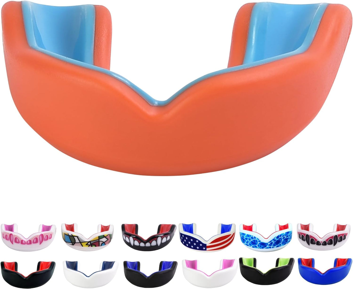 Youth Sports Mouth Guard for Kids (USA Flag, Fangs, 20+ Colors to Choose From) Mouthguard for Football, MMA, Karate, Boxing, Rugby, BJJ, Flag Football – /W Case (Youth, Strapless)