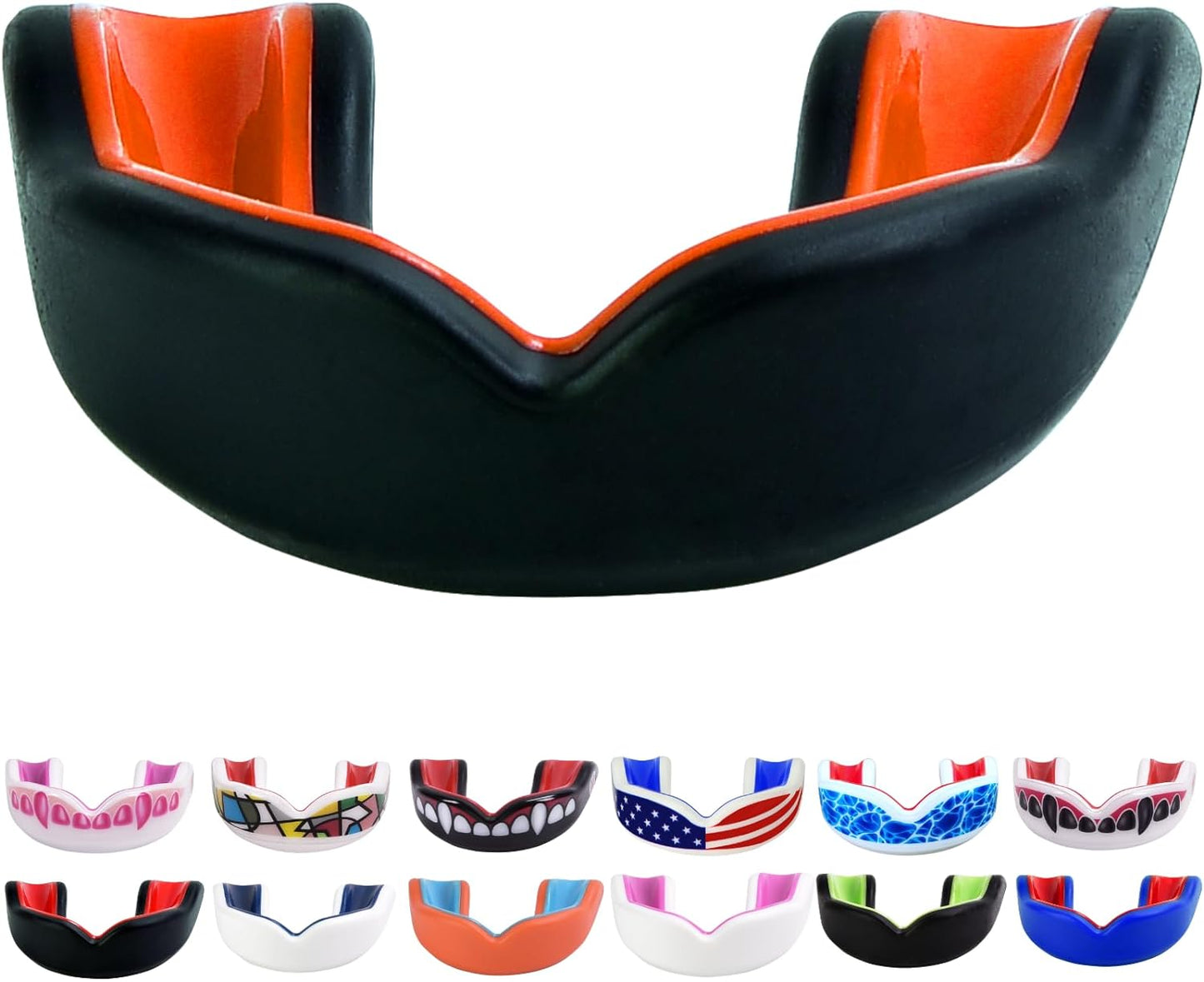 Youth Sports Mouth Guard for Kids (USA Flag, Fangs, 20+ Colors to Choose From) Mouthguard for Football, MMA, Karate, Boxing, Rugby, BJJ, Flag Football – /W Case (Youth, Strapless)