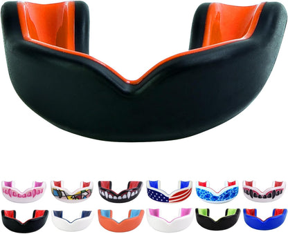Youth Sports Mouth Guard for Kids (USA Flag, Fangs, 20+ Colors to Choose From) Mouthguard for Football, MMA, Karate, Boxing, Rugby, BJJ, Flag Football – /W Case (Youth, Strapless)