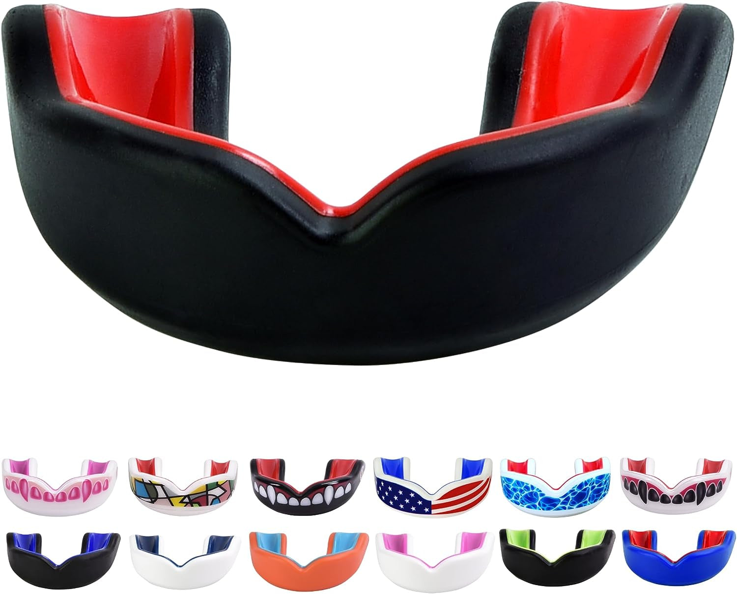 Youth Sports Mouth Guard for Kids (USA Flag, Fangs, 20+ Colors to Choose From) Mouthguard for Football, MMA, Karate, Boxing, Rugby, BJJ, Flag Football – /W Case (Youth, Strapless)