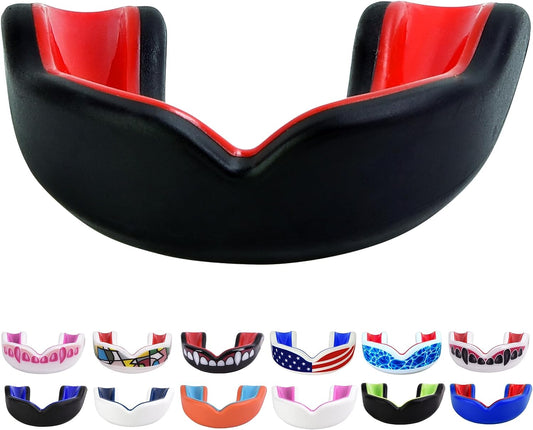 Youth Sports Mouth Guard for Kids (USA Flag, Fangs, 20+ Colors to Choose From) Mouthguard for Football, MMA, Karate, Boxing, Rugby, BJJ, Flag Football – /W Case (Youth, Strapless)