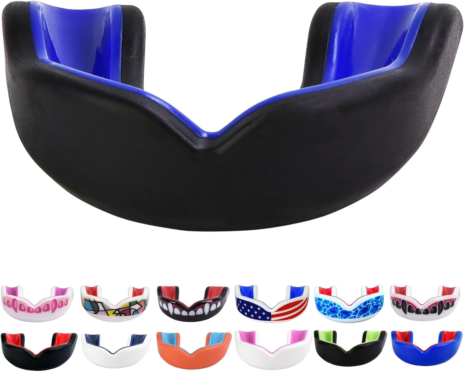 Youth Sports Mouth Guard for Kids (USA Flag, Fangs, 20+ Colors to Choose From) Mouthguard for Football, MMA, Karate, Boxing, Rugby, BJJ, Flag Football – /W Case (Youth, Strapless)