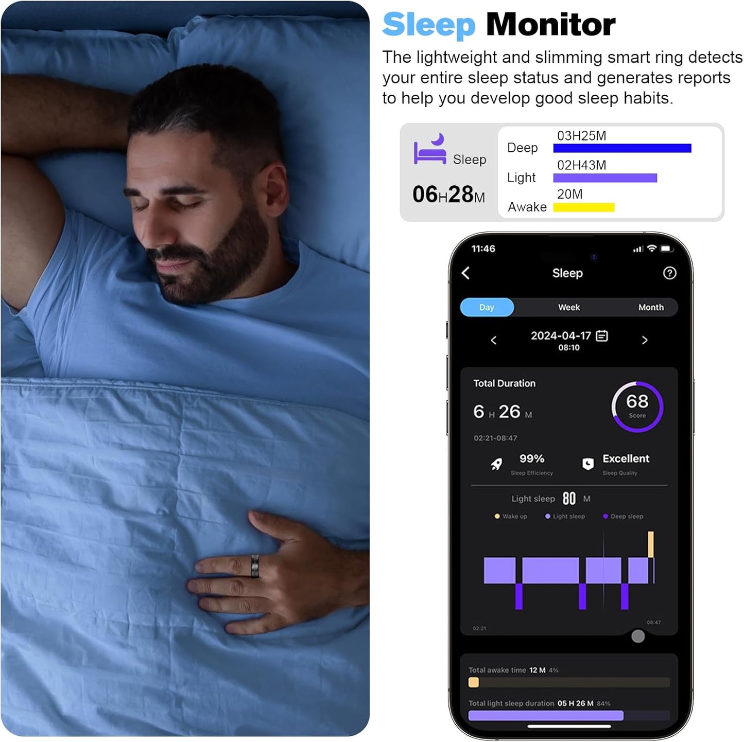 Smart Ring Health Tracker for Men/Women,Fitness Ring Sleep Tracker,Fast Charging for Long-Lasting Use,For Pedometer Exercise,Monitor Sleep, Heart Rate, Stress,Waterproof (Deep Gray, 9)