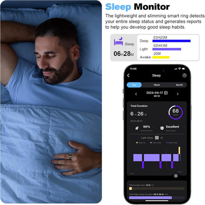 Smart Ring Health Tracker for Men/Women,Fitness Ring Sleep Tracker,Fast Charging for Long-Lasting Use,For Pedometer Exercise,Monitor Sleep, Heart Rate, Stress,Waterproof (Deep Gray, 9)