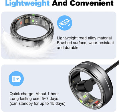 Smart Ring Health Tracker for Men/Women,Fitness Ring Sleep Tracker,Fast Charging for Long-Lasting Use,For Pedometer Exercise,Monitor Sleep, Heart Rate, Stress,Waterproof (Deep Gray, 9)