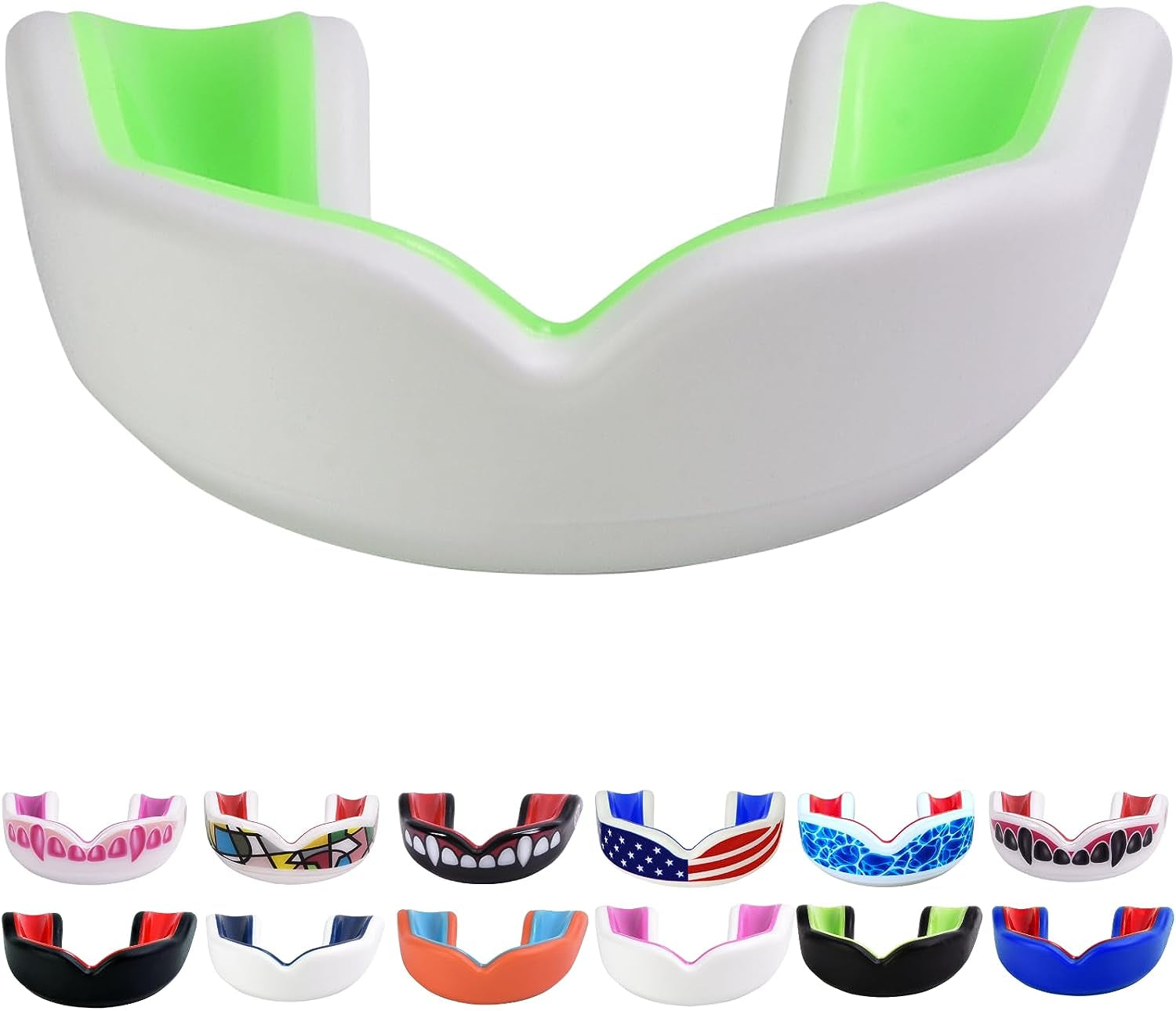Youth Sports Mouth Guard for Kids (USA Flag, Fangs, 20+ Colors to Choose From) Mouthguard for Football, MMA, Karate, Boxing, Rugby, BJJ, Flag Football – /W Case (Youth, Strapless)