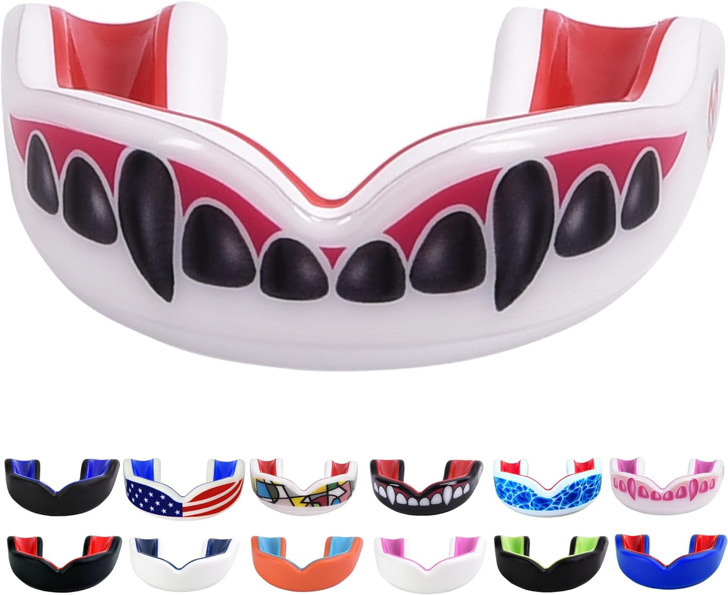 Youth Sports Mouth Guard for Kids (USA Flag, Fangs, 20+ Colors to Choose From) Mouthguard for Football, MMA, Karate, Boxing, Rugby, BJJ, Flag Football – /W Case (Youth, Strapless)