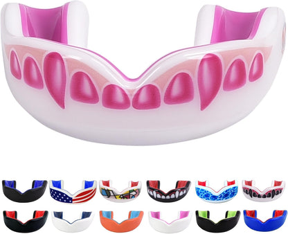 Youth Sports Mouth Guard for Kids (USA Flag, Fangs, 20+ Colors to Choose From) Mouthguard for Football, MMA, Karate, Boxing, Rugby, BJJ, Flag Football – /W Case (Youth, Strapless)