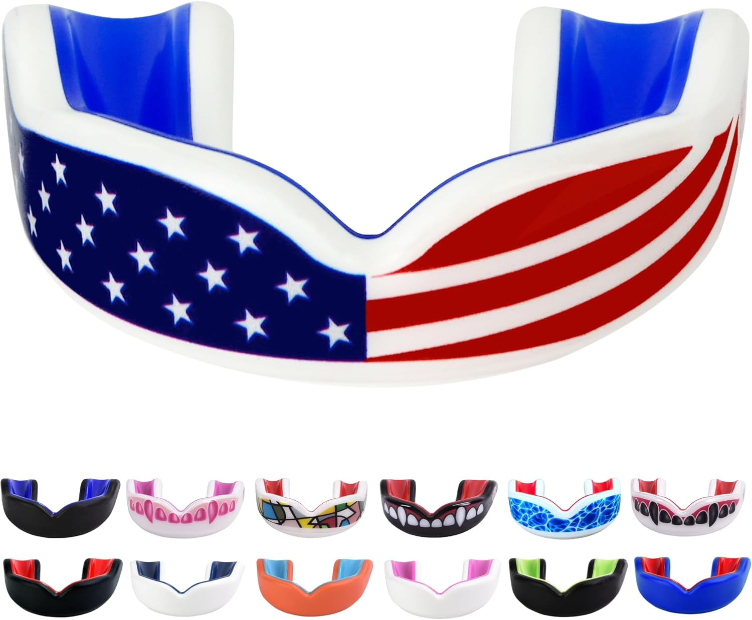 Youth Sports Mouth Guard for Kids (USA Flag, Fangs, 20+ Colors to Choose From) Mouthguard for Football, MMA, Karate, Boxing, Rugby, BJJ, Flag Football – /W Case (Youth, Strapless)