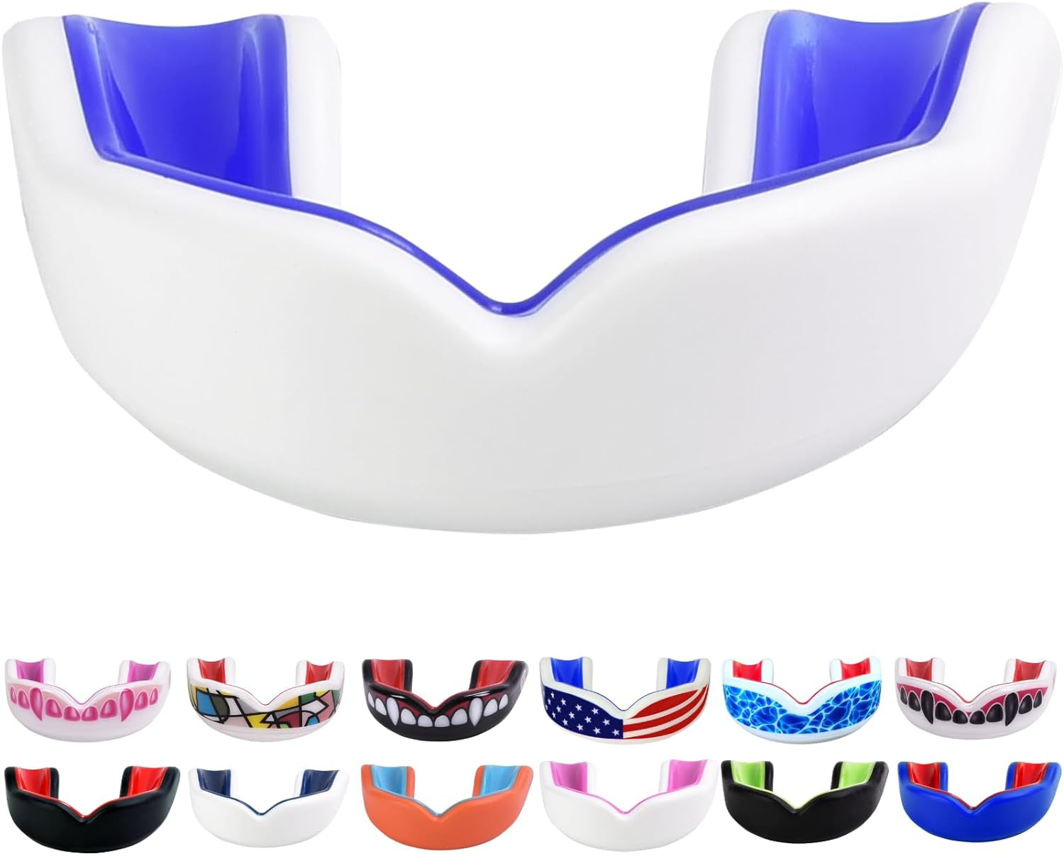Youth Sports Mouth Guard for Kids (USA Flag, Fangs, 20+ Colors to Choose From) Mouthguard for Football, MMA, Karate, Boxing, Rugby, BJJ, Flag Football – /W Case (Youth, Strapless)