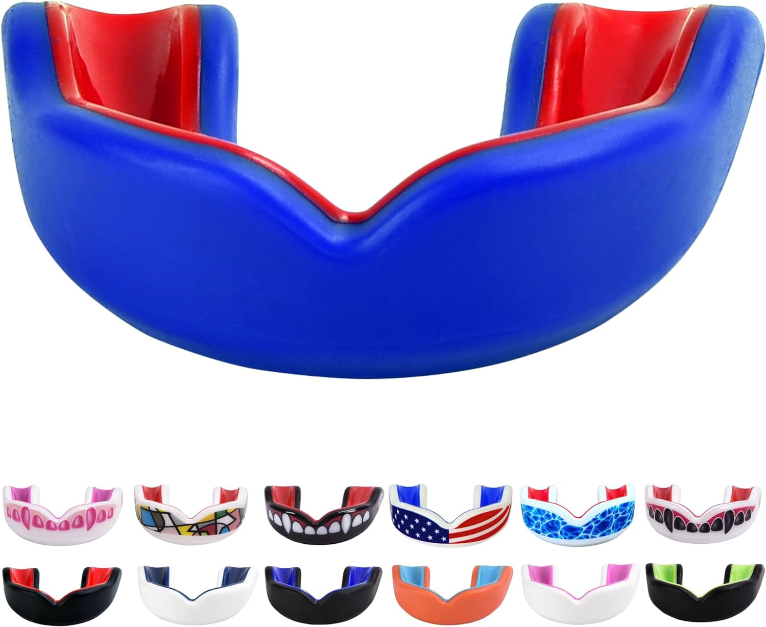 Youth Sports Mouth Guard for Kids (USA Flag, Fangs, 20+ Colors to Choose From) Mouthguard for Football, MMA, Karate, Boxing, Rugby, BJJ, Flag Football – /W Case (Youth, Strapless)