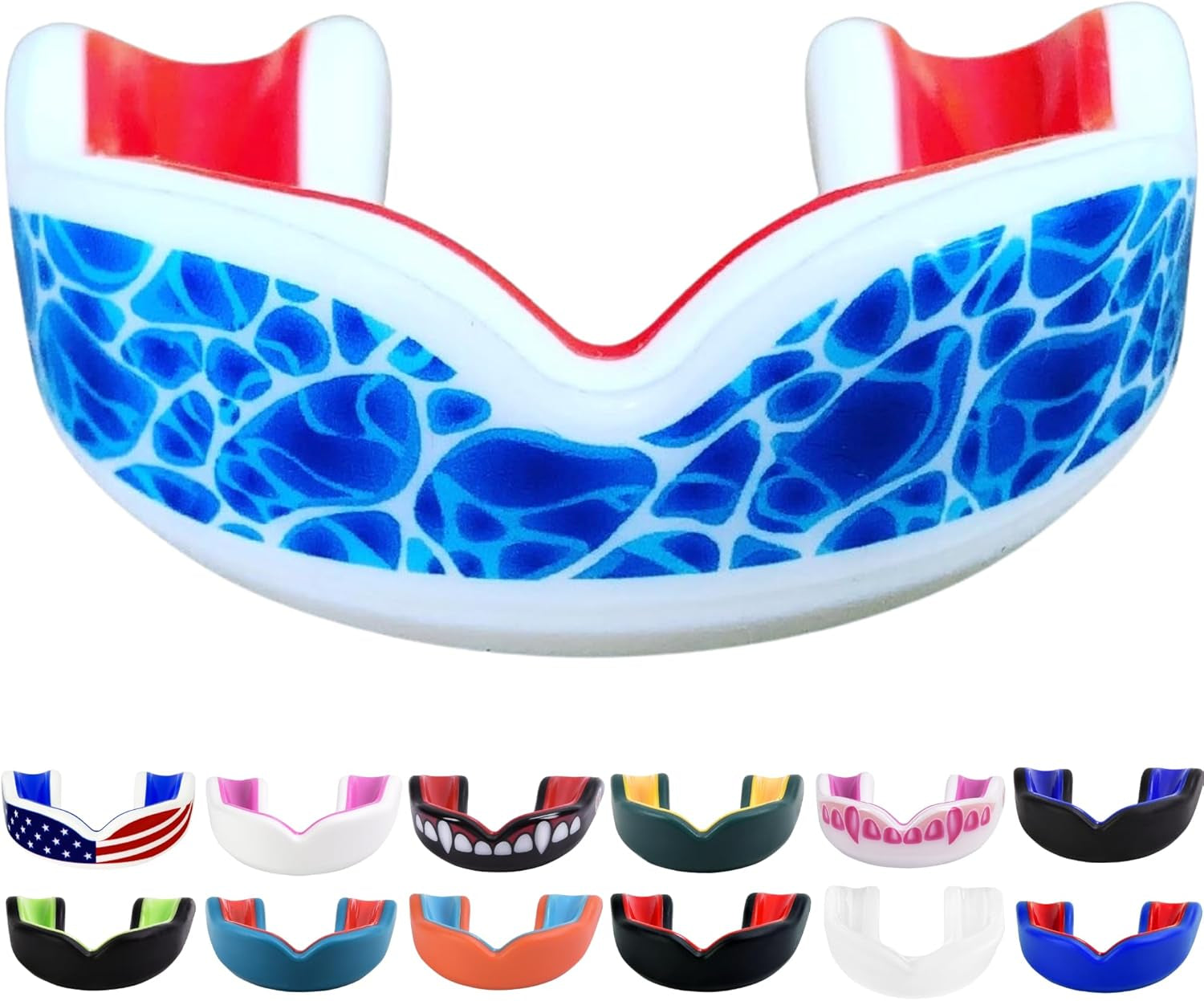 Youth Sports Mouth Guard for Kids (USA Flag, Fangs, 20+ Colors to Choose From) Mouthguard for Football, MMA, Karate, Boxing, Rugby, BJJ, Flag Football – /W Case (Youth, Strapless)