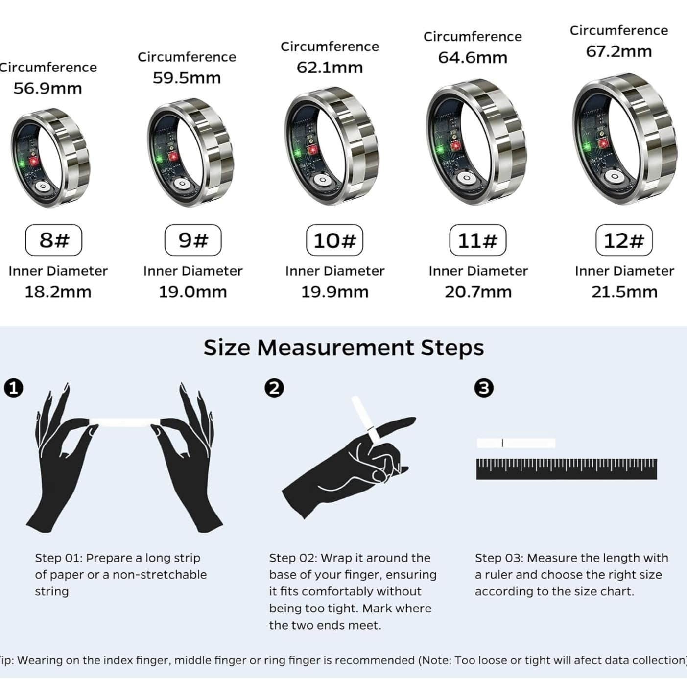 Smart Ring Health Tracker, Sleep Tracker Ring with Heart Rate, Waterproof Fitness Ring for Activity Monitoring/Steps/Distance/Calories,Air Gestures,Up to 7Day Battery,For Ios Android(Stylish Silver#8)