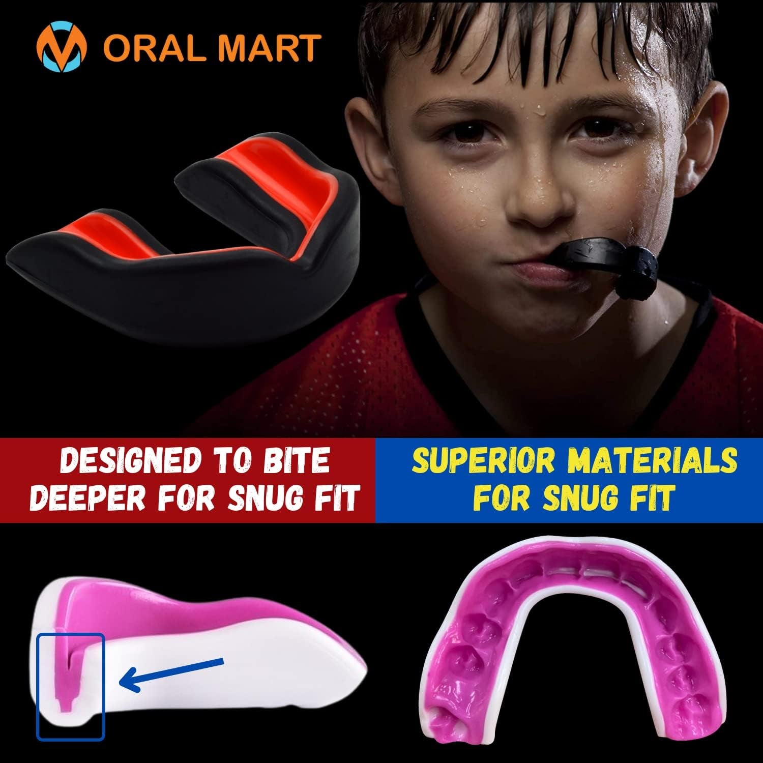 Youth Sports Mouth Guard for Kids (USA Flag, Fangs, 20+ Colors to Choose From) Mouthguard for Football, MMA, Karate, Boxing, Rugby, BJJ, Flag Football – /W Case (Youth, Strapless)