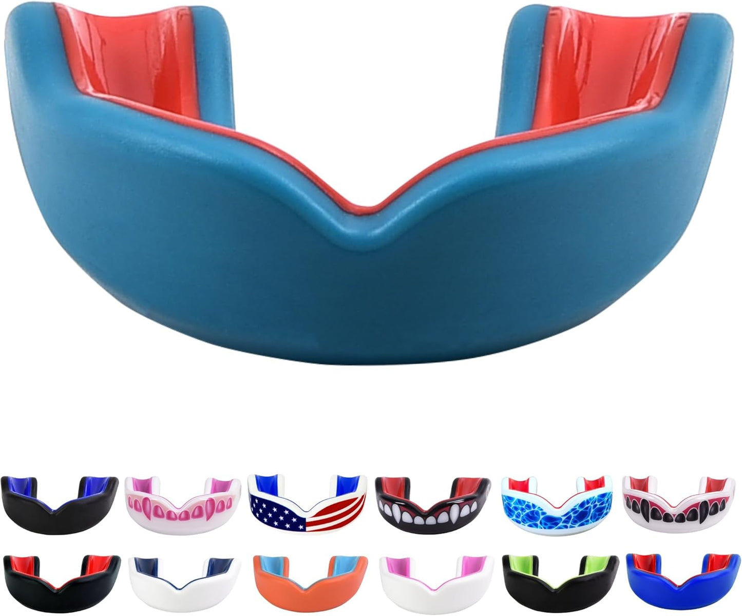 Youth Sports Mouth Guard for Kids (USA Flag, Fangs, 20+ Colors to Choose From) Mouthguard for Football, MMA, Karate, Boxing, Rugby, BJJ, Flag Football – /W Case (Youth, Strapless)